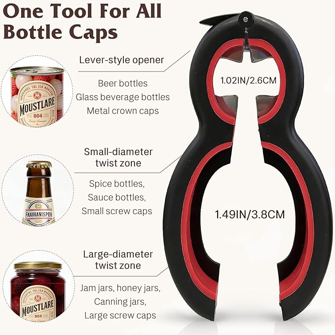 Multi-Use Can, Bottle and Jar Opener, 6-in-1 Adjustable Bottle Opener with Easy-Grip Design for Senior & Weak Hands