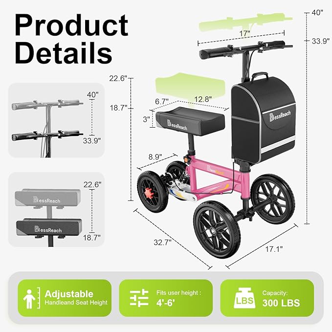 BlessReach Economy Steerable Knee Walker - Compact Crutch Alternative for Foot Injuries with Dual Braking System (Pink)