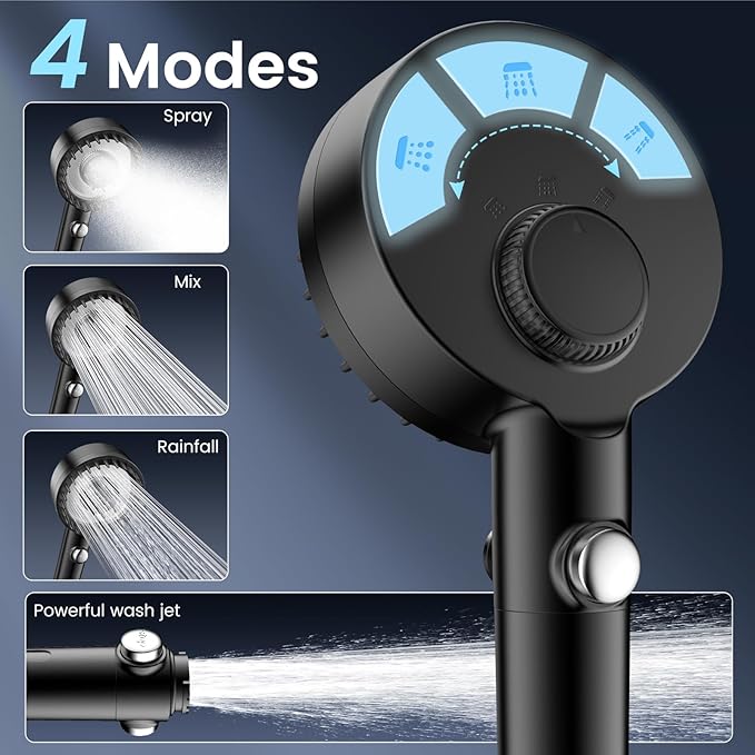 PWERAN Filtered Shower Head with Handheld, High Pressure 4 Spray Mode Showerhead with Filters, Water Softener Beads for Hard Water with ON/OFF Switch for Pets