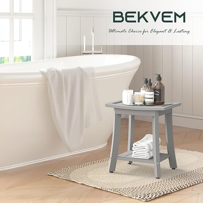 Waterproof Shower Benches for Inside Shower, Poly Lumber Shower Stool with Storage Shelf & Adjustable Feet, SPA Bathroom Seat Chair for Shaving Legs, Indoor or Outdoor Use, Grey