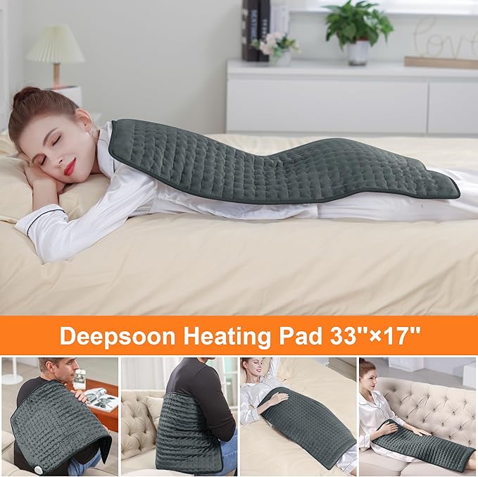 Deepsoon Heating Pad,Electric Heating Pads for Back,Neck,Moist Heating Pad for Abdomen Shoulder Knee Legs,Dry/Moist Heat&Auto Shut Off,Mother's Day Birthday for Men and Women,Dark Gray,33x17 Inch