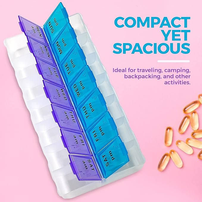 MEDca Pill Organizers - Small Pill Organizer with Weekly and Daily 2-Times-A-Day Compartments for AM/PM - BPA-Free, Portable and Travel Friendly Pill Boxes Case