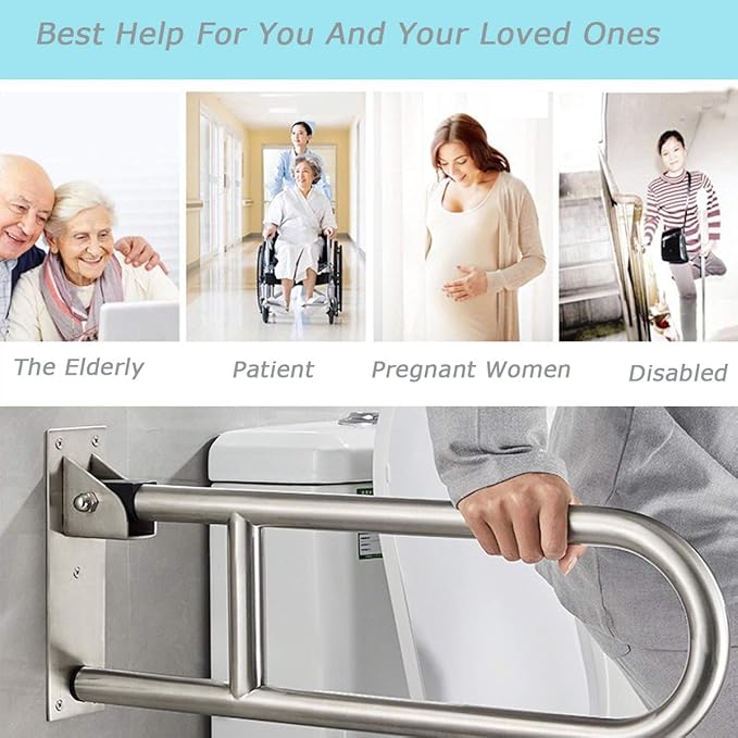 FlySkip Fold Down Grab Bar - 24" Stainless Steel Flip-Up Handicap Support Bar for Bathroom Shower Safety