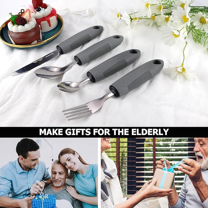 Adaptive Utensils Set for Elderly & Arthritis - 4Pcs Lightweight Stainless Steel Silverware for Weak Hand Grip, Tremors and Handicapped