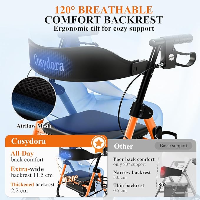 Cosydora Rollator Walkers for Seniors with Seat, 13.6 Lbs Ultra Lightweight Foldable Rolling Walker, 350Lbs Heavy Duty Aluminum, 8" All Terrain Wheels, Dual Adjustable Height, Light Orange