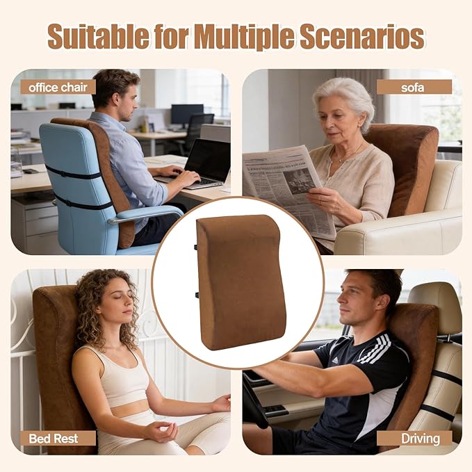 2 in 1 Recliner Neck and Lumbar Support Pillow Ergonomic Foam Cushion with Anti-Slip Backing & Adjustable Straps for Chair, Sofa, or Glider(Brown)