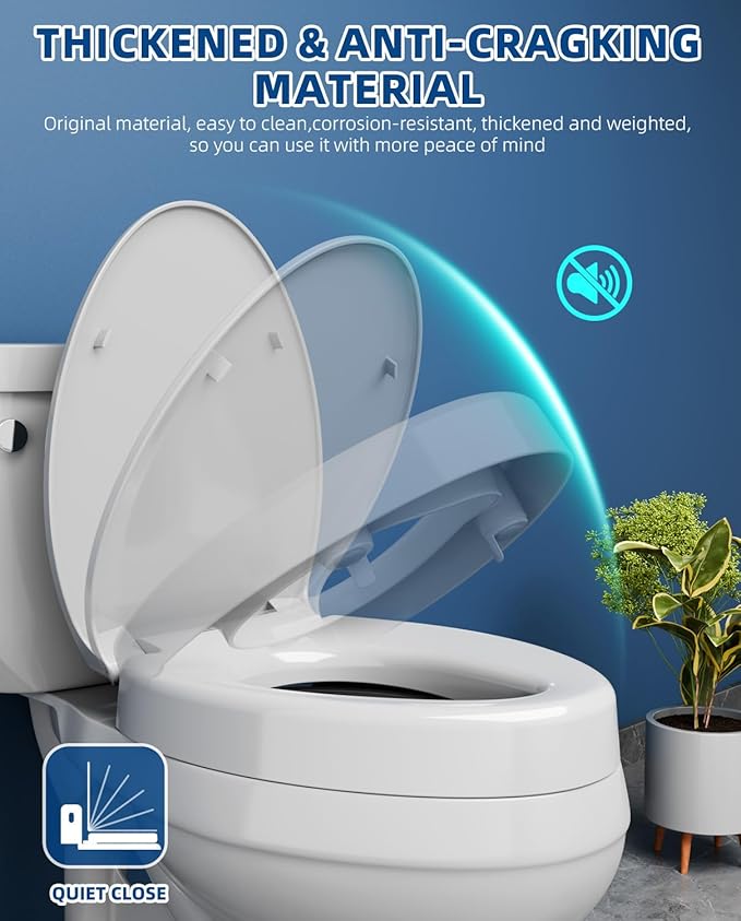 Elevated Toilet seat 3 inch, Elongated Toilet seat risers for Seniors, Slow Close, Heavy Duty, Never Loosen, Raised Toilet seat Elongated Bowl, White(18.5”)