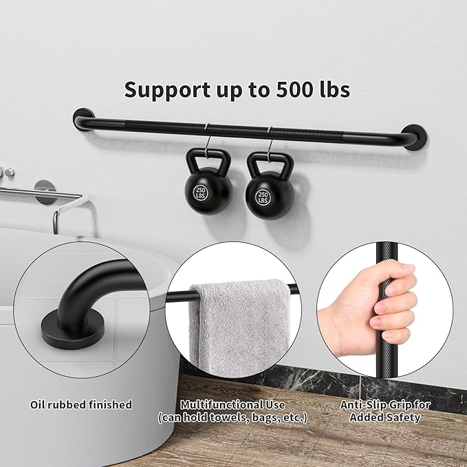 40 Inch Anti Slip Shower Grab Bar, Munzong Bathroom Grab Bar for Showers, Black Knurled Handicap Balance Bar,Safety Hand Rail Support Elderly Senior Assist Bath Handle
