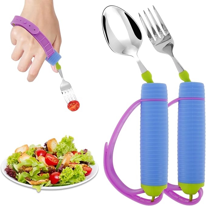 Adaptive Utensils for Elderly, Built Up Bendable Fork, Easy Grip Silverware for Hand Tremors, Weak Hand Grip & Handicapped, Arthritic Hands - Non-Slip Handles, Adaptive Spoon and Fork for Disability