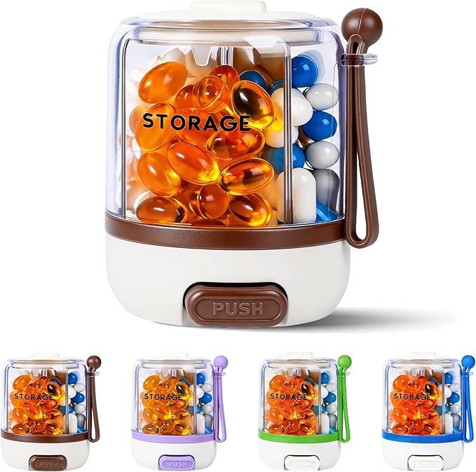 4 Compartments Pill Bottle Organizer, Anti-Mix Travel Pill Dispenser with Safety Lock, Pill Case with 16pcs Labels, Cute Pill Organizer for Seniors, Caregivers & Daily Vitamin Management(Brown)