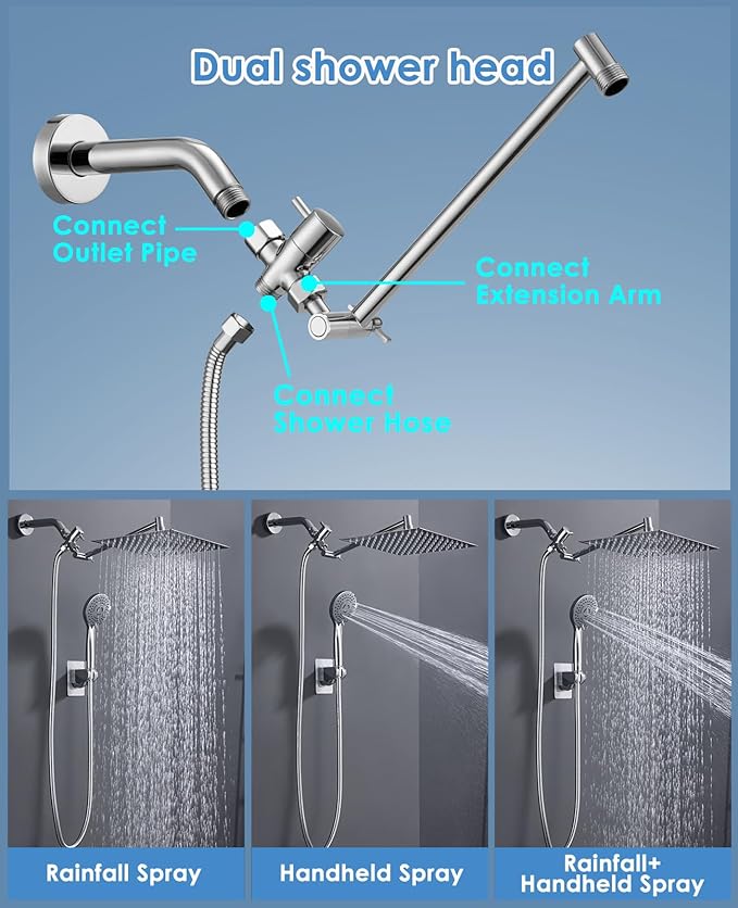Jafeton High Pressure Rainfall Shower Head with Handheld Spray Combo – 5 Spray Modes, 10" Rain Shower, Anti-Clog Nozzles, Rust-Resistant Chrome Plating & Brass, Flexible Extension Arm