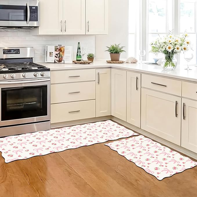 2 Pcs Pink Kitchen Rugs and Mats Set Coquette Bow Floral Non-Slip Waterproof Floor Mats, 47"x16.5" & 30"x16.5" Pink Decor Rugs for Kitchen Sink, Laundry Room Standing, Machine Washable