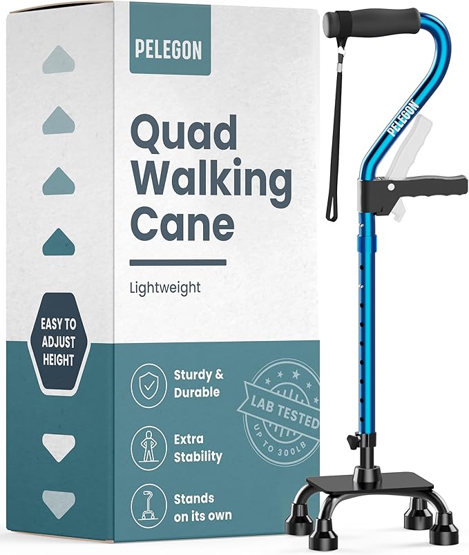 PELEGON Quad Cane (300LB) - Adjustable Walking Cane with A Large 4 Pronged Base for Extra Balance & Stability, Walking Canes for Seniors, Walking Cane for Men & Women, Walking Sticks