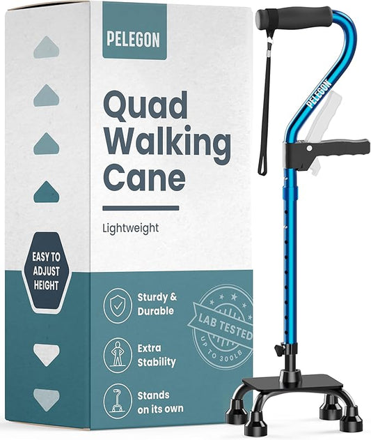 PELEGON Quad Cane (300LB) - Adjustable Walking Cane with A Large 4 Pronged Base for Extra Balance & Stability, Walking Canes for Seniors, Walking Cane for Men & Women, Walking Sticks