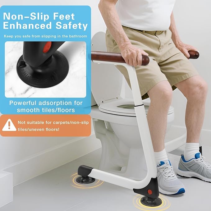 Toilet Safety Rails, Stable Toilet Handles for Elderly and Disabled with 4 Suction Cups, Adjustable Height Toilet Rails for Seniors with, Toilet Assist Rails Handrails Up to 350 LBS, Brown Color