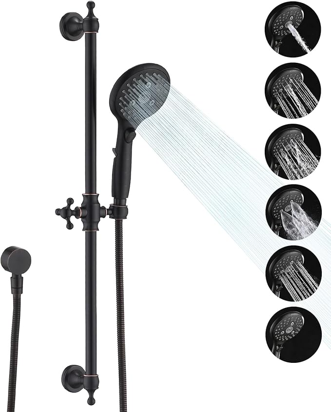 Handheld Shower Head with Slide Bar Combo, 6 Settings Handheld Shower with ON/OFF Pause Switch, Adjustable Height 27.5" Long Slide Bar, Wall Supply Elbow, 6.6ft Shower Hose, Oil Rubbed Bronze