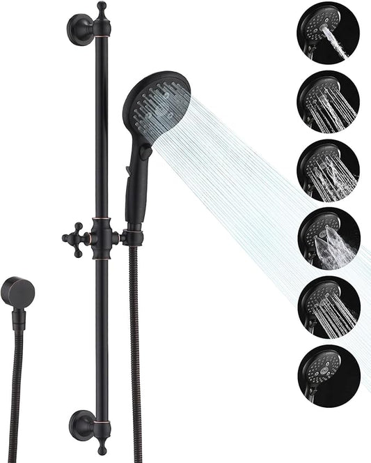 Handheld Shower Head with Slide Bar Combo, 6 Settings Handheld Shower with ON/OFF Pause Switch, Adjustable Height 27.5" Long Slide Bar, Wall Supply Elbow, 6.6ft Shower Hose, Oil Rubbed Bronze