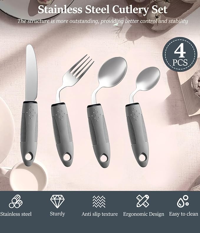 4Pcs Weighted Adaptive Utensils 42° Angled Parkinsons Utensils, Weighted Utensils for Hand Tremors and Parkinsons Patients, Arthritis Silverware for Elderly & Seniors (Left-Hand-Grey)