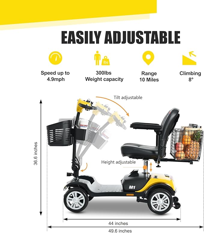 Metro Mobility 4 Wheel Electric Folding Mobility Scooters for Seniors - 300 lbs Capacity Motorized Scooter for Adults, Travel - 300W Powerful Motor - Yellow
