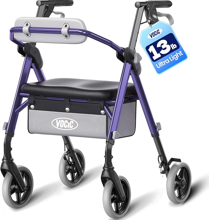 VOCIC Walkers for Seniors, Z12 Rollator Walker with Seat, Ergo Seat & Backrest, Foldable Rollator Adjustable Height, All Terrain Walker, Ultra Light