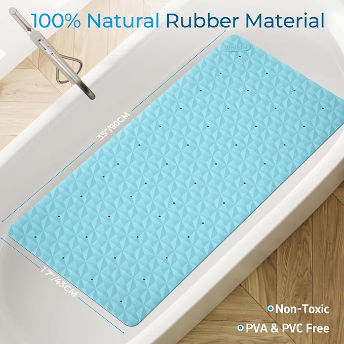 WRISIN Non Slip Bathtub Mat for Bath Tub Shower Safety - Natural Rubber Mat with Suction Cups ＆ Drain Holes - BPA/PVC Free Large Bathroom Mat - Machine Washable - Unique Diamond Pattern - 17 × 35 Inch