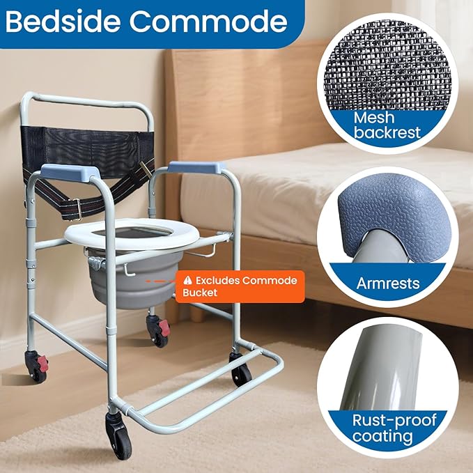 Aliseniors 3-in-1 Rolling Shower Chair with Wheels, Bedside Commode Transport Wheelchair, Waterproof Inside Bathroom & Toilet Chair for Handicap, Elderly, Injured or Disabled, 250 lbs