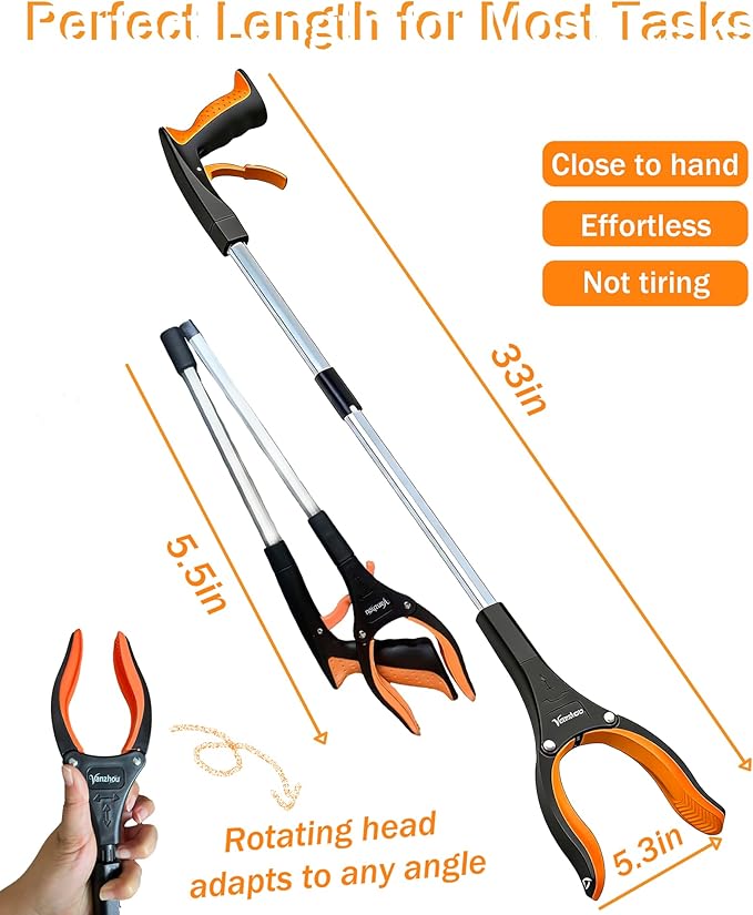 2 Pack Grabber Reacher Tool, 32" Foldable Reacher Grabber Pickup Tool for Elderly, Orange Heavy Duty Rotating Jaw Trash Litter Picker, Lightweight Arm Extension Mobility Aid for Disabled