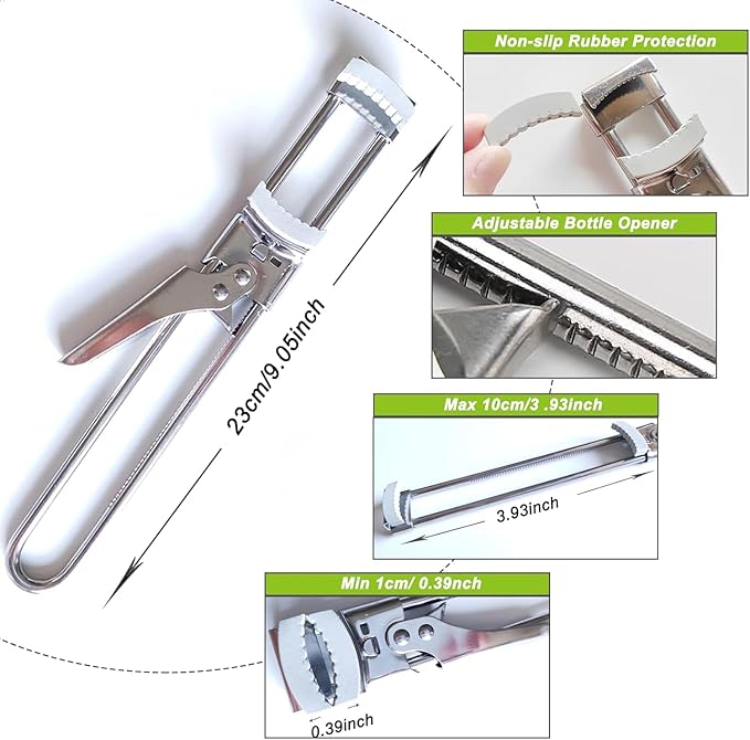 Adjustable Stainless Steel Jar Opener - Easy-Grip Kitchen Gadget for Jars, Bottles & Lids, User-Friendly Leverage Design,Effortless Grip for Seniors & Weak Hands (2 PC)