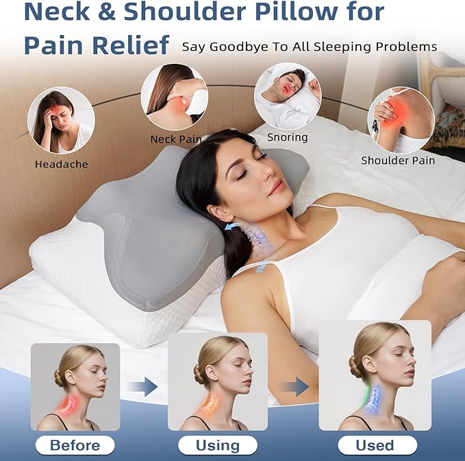Cervical Neck Pillow for Sleeping, Adjustable Ergonomic Pillow, Contour Neck Support Side Sleeper Pillows for Adults, Memory Foam Bed Pillow for Neck and Shoulder Pain Relief, Back,Stomach Sleeper