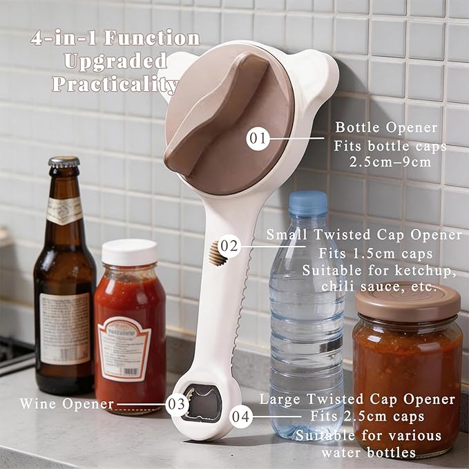 Adjustable Jar and Bottle Opener for Weak Hands & Seniors, 4-in-1 Stainless Steel Lid Remover with 3 Non-Slip Clamps, Multi Size Tool for Jars, Cans & Wine Bottles, Kitchen Helper