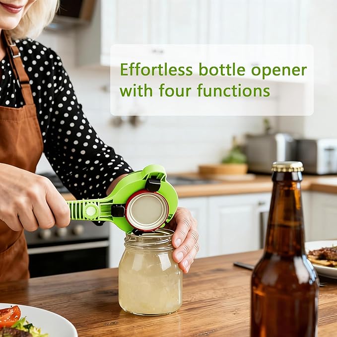 4-In-1 Jar Opener, Adjustable Stainless Steel Ergonomic Jar Opener Tool For Seniors, Bottle And Jar Openers For Arthritic Hands, Can Openers For Beer, Sauces, And Canned Goods (Green)