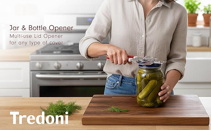 Tredoni Jar & Bottle Opener, Easy Wrench Grip/Tighten Lid Opener, Multi-Purpose Opener for Caps, Cans & Nuts -Italian Stainless Steel