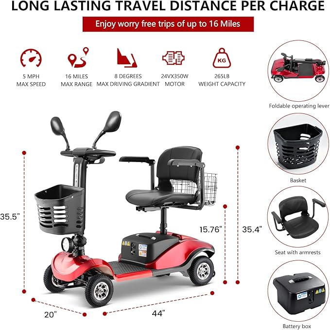 4 Wheel Compact Mobility Scooter for Seniors and Adults,Foldable Electric Scooter, Heavy Duty Travel Model with Lights, Basket, and Long-Lasting Battery208 red