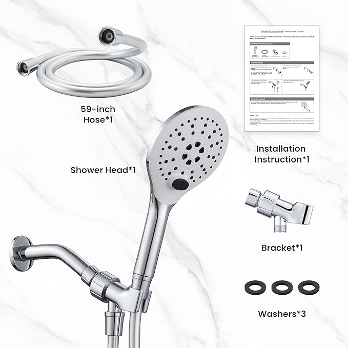 KPW Handheld Shower Head with 59" Hose Chrome Detachable Shower Head Adjustable Bracket High Pressure Handheld Shower Head RV Shower Head