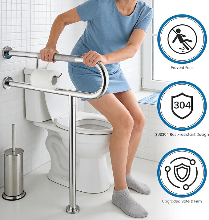 Toilet Grab Bar 24*27.5 Inch, Zynuhmo Anti-Slip U Shaped Support Rail with Paper Holder, SUS304 Stainless Steel Knurled Safety Handrails with Leg for Elderly Disabled Pregnant(1.25'' Dia Tube, Chrome)