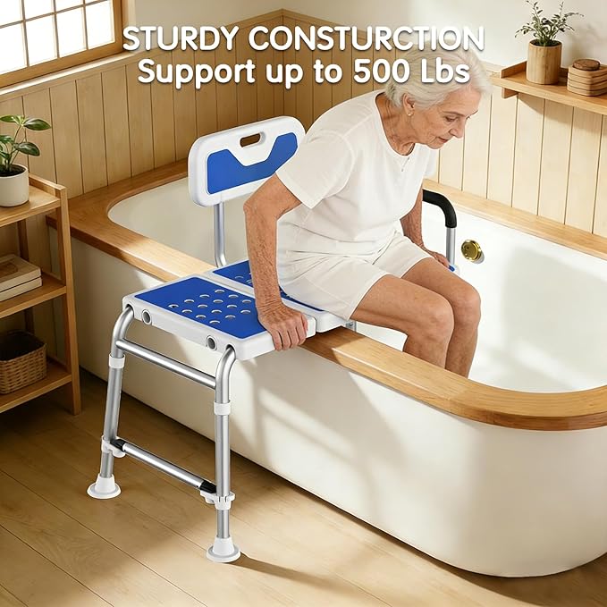 Bathtub Transfer Bench Shower Chair for Inside Tub Heavy-Duty Adjustable Width & Height Handicap Bath Chair with Extended Shower Seat and Reversible Backrest for Seniors, Elderly & Disabled