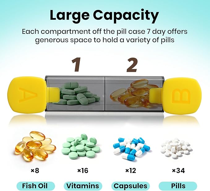 CAidRE Weekly Pill Organizer 2 Times a Day - 7 Day AM PM Pill Box Large Travel Pill Case, Daily Pill Container Dispenser for Vitamins, Supplements, Fish Oils, Medication Storage Pill Holder, Black