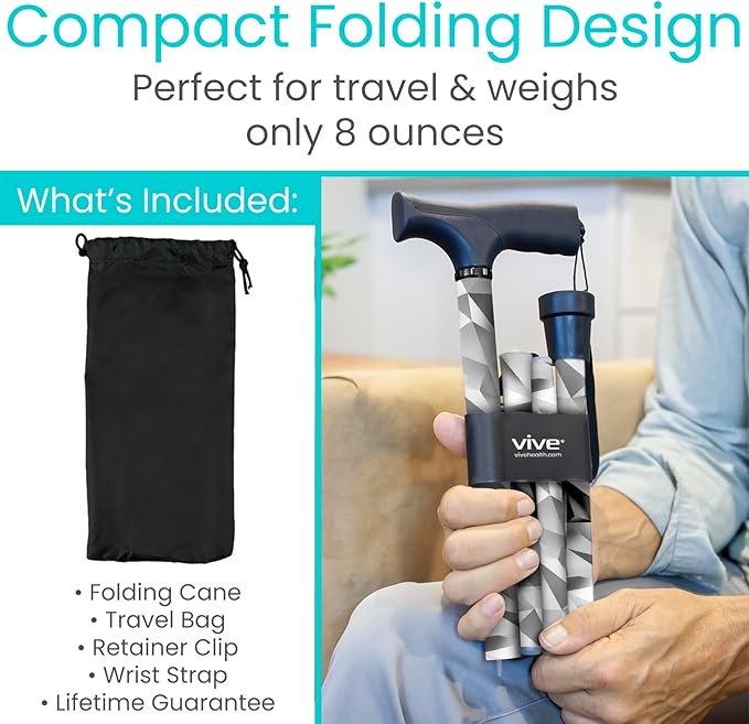 Vive Folding Cane - Foldable Walking Cane for Men, Women - Fold-up, Collapsible, Lightweight, Adjustable, Portable Hand Walking Stick - Balancing Mobility Aid - Sleek, Comfortable T Handles