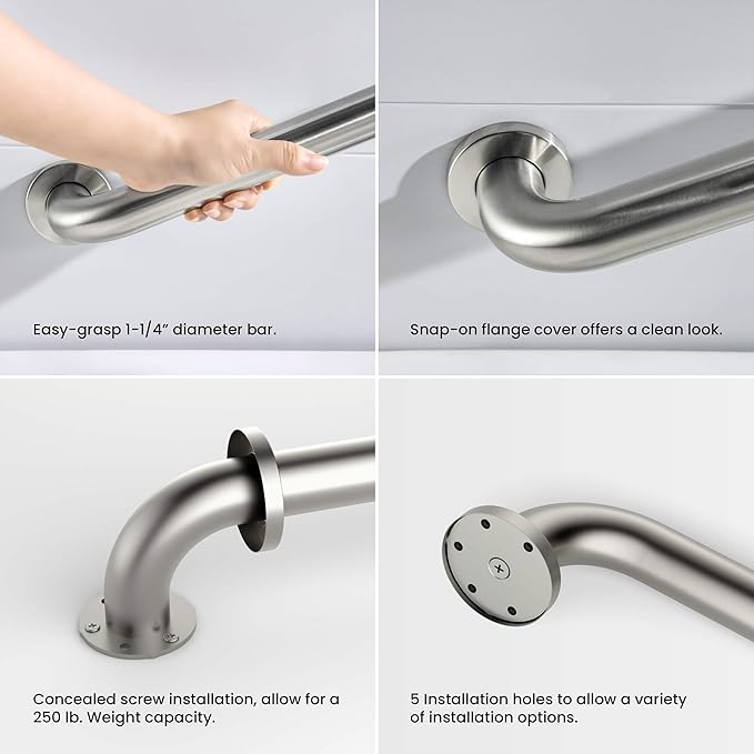 KIBI 24 Inch Curved Grab Bar for Bathroom Safety – Heavy-Duty Stainless Steel Anti-Slip Handrail for Seniors, Shower & Bathtub Assist, Wall Mounted Durable Rust-Resistant Brushed Nickel Finish