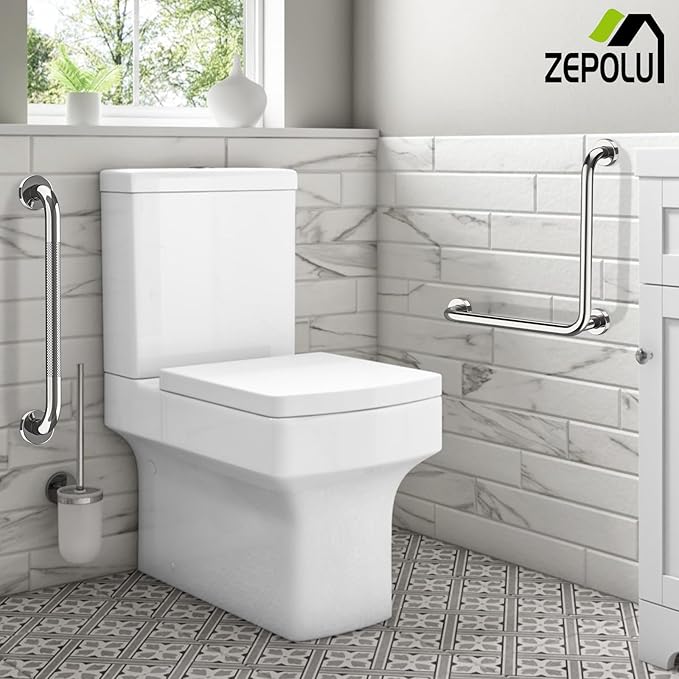 Polished Chrome L-Shaped Grab Bar 16x16 Inch + Knurled Shower Grab Rail 20 Inch, Zepolu Stainless Steel Angled Toilet Safety Bar, Bathroom Mobility Aid Handrail, Balance Support Assist Bar for Senior