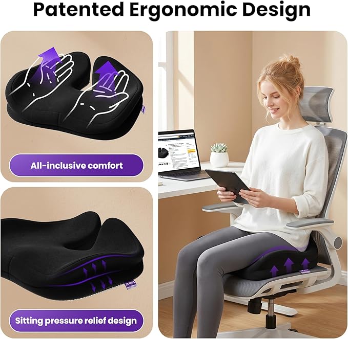 ZZ-WELL Seat Cushions for Office Chairs - Patented Coccyx Cushion for Tailbone Pain - 21.2" W x 16.5" L Memory Foam Extra Large Seat Cushion, Removable & Machine Washable Cover (Black)