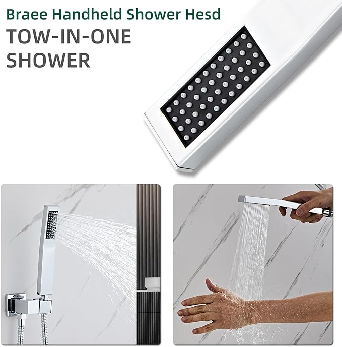 Bathroom Square Chrome Solid Brass Hand Held Shower Head With Wall Connector and Hose System Wall Mount Handheld Showerheads Set
