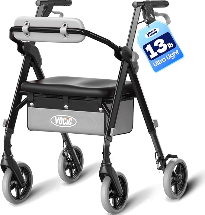 VOCIC Walkers for Seniors, Z12 Rollator Walker with Seat, Ergo Seat & Backrest, Foldable Rollator Adjustable Height, All Terrain Walker, Ultra Light
