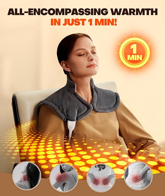 Lenmen Graphene-Infused 1Min Fast Heating Pad, Deeper Pain Relief Weighted Heating Pads for Neck and Shoulders and Back, Heated Wrap with 6 Heat Options 4 Auto Timer, Gifts for Men Women Mom Christmas
