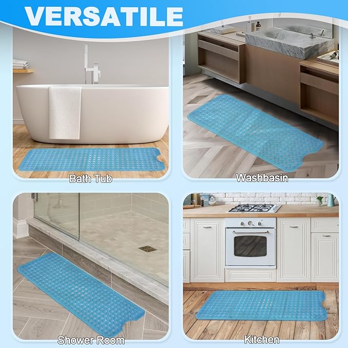 Linoows Bathtub and Shower Mats, 40x16 Inch Extra Large Non Slip Soft Bath Tub Mat with Suction Cups and Drain Holes for Bathroom Floor, Machine Washable, Clear Blue