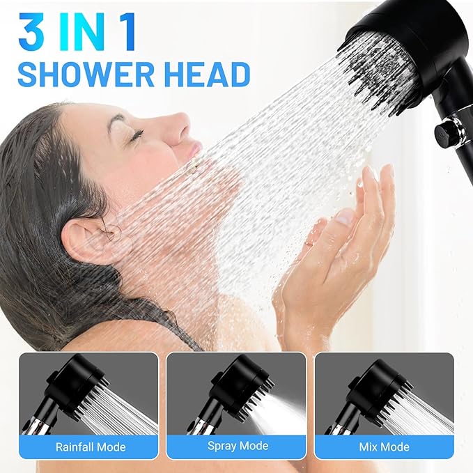 Filtered Shower Head with Handheld, High Pressure Water Flow and 4 Spray Modes, Power Wash for Hard Water, Showerhead Set with 59″ Hose、Bracket、Filters, ON/OFF Switch for Pets Bath (Black)