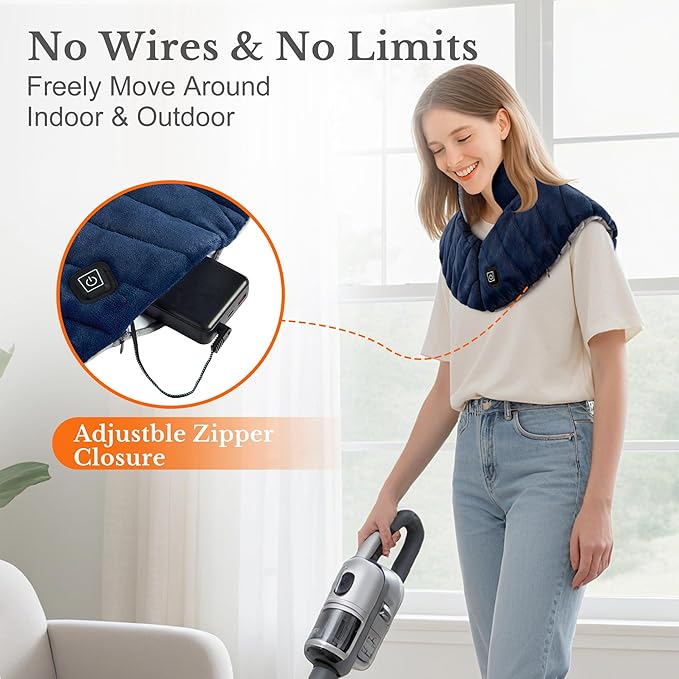 Portable Cordless Heating Pad for Neck, Shoulders & Back - Rechargeable Battery Operated Heating Pad with 3 Heat Settings, Birthday Gift for Women, Weighted Neck Warmer for Pain Relief (Navy Blue)
