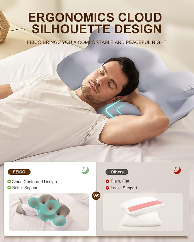 Cervical Neck Pillow, Memory Foam Pillow for Neck Pain Relief, Ergonomic Contour Cooling Pillow for Side Sleeper Pillow Adults & Stomach Sleepers Neck Shoulder Pillow (Light-Blue, 24" L x 14" W)