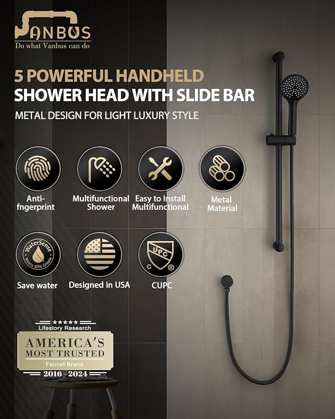 Handheld Shower Head with Adjustable 30-Inch Shower Slide Bar and 59-Inch Hose, 5-Function 3.2GPM High Pressure Handheld Shower Head with Drop Ell and Holder, Matte Black