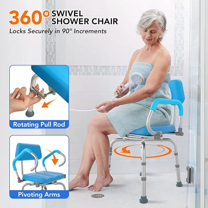 FSA/HSA Eligible Vnsod 360° Swivel Shower Chair for Inside Shower, Bath Chair for Elderly and Disabled, Adjustable Height and Padded Shower Seat with Back & Arms, 330lbs Non-Slip Stool for Inside Tub